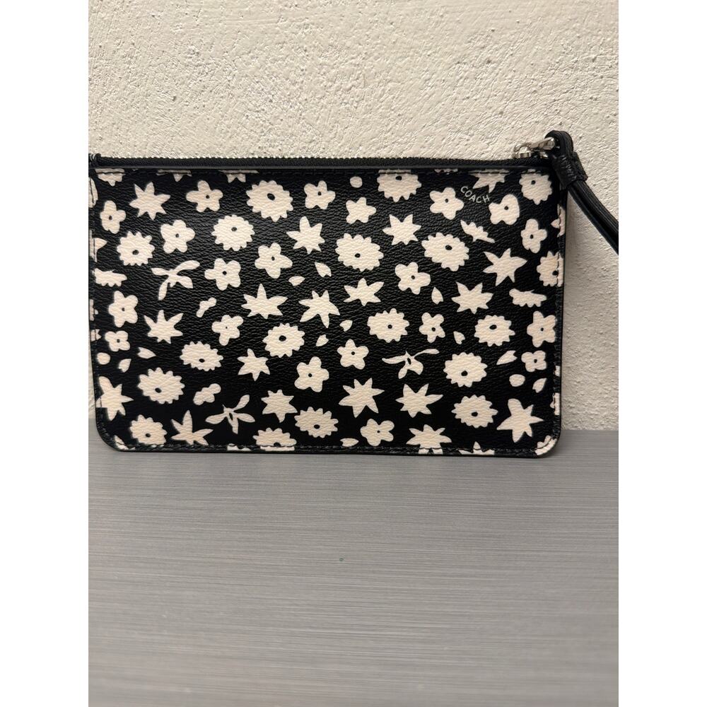 Coach Graphic Floral Print  Black White Wristlet Wallet F57936 Coated Canvas